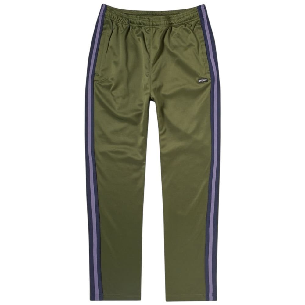 Stussy Olive Green Track Sweatpants with Purple Side Stripes